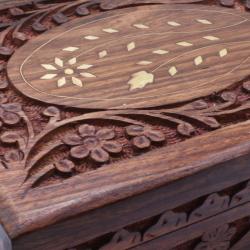 Jewellery/Trinket box, Sheesham Wood Floral Carved + Brass Inlay 17.5x12.5cm