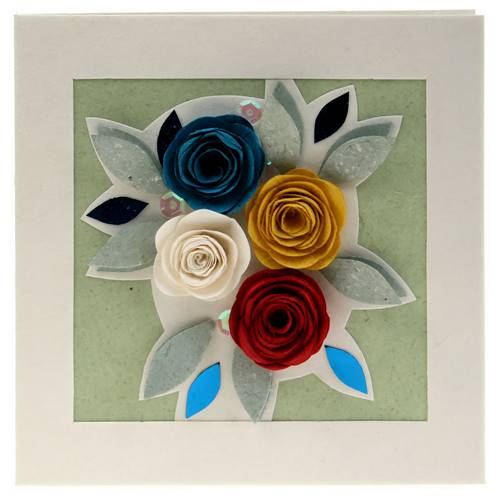 Handmade greetings card, 4 roses blue white red yellow