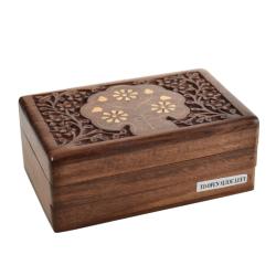 Secret Lock Box Hand Carved Sheesham Wood with Brass Inlay Flowers 15x10x5.5cm