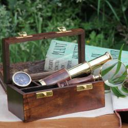 Nautical box, mini telescope, compass & magnifying glass