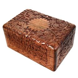 Wooden Jewellery/Trinket box, Sheesham Wood Floral Engraved 15 x 10 x 7cms