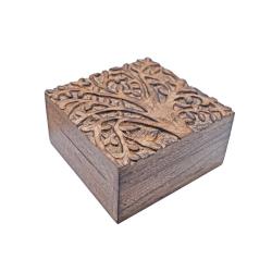 Jewellery / Trinket Box, Mango Wood, Tree of Life Design 12.5 x 12.5 x 6.5cm