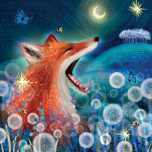 Greetings Card, Dandelions and Fox at Night, 16x16cm