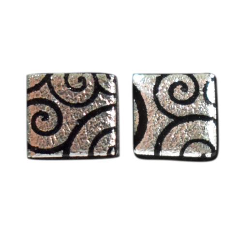 Ear studs, glass ‘Allegra Aros Dichroic’ square grey spirals 0.7 x 0.7cms