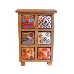 Mini Chest Hand Carved Mango Wood, 6 Ceramic Drawers 3x2 