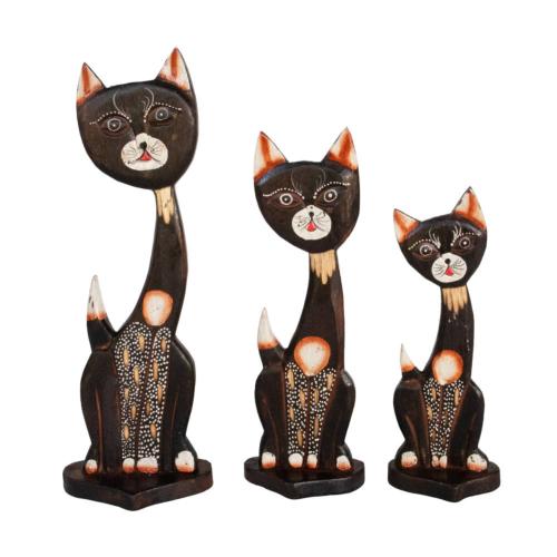 Set of 3 Dark Brown Cats Head to Side Albesia Wood