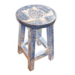 Wooden Stool with Turtle Design Top, Blue washed 25 x 39cm