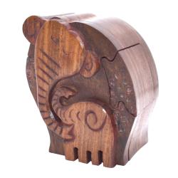 Puzzle box, hand carved sheesham wood, elephants 10x9x6cm