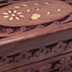 Jewellery/Trinket box, Sheesham Wood Floral Carved + Brass Inlay 12.5x7.5cm