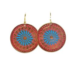 Earrings Round Gold Colour, red blue pattern 3cm diameter