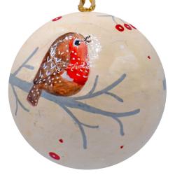 Hanging decoration, robin on bauble, papier mâché 5cm