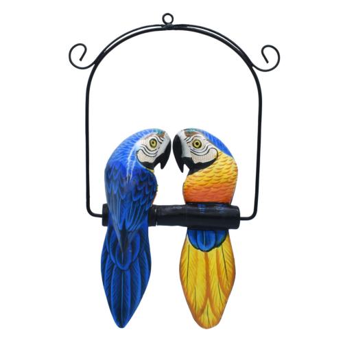 Hanging Ornament 2 Parrots on Perch, Albesia Wood 20 x 32cm