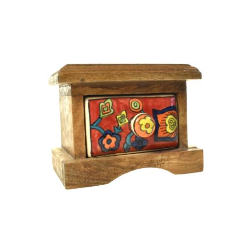 Mini Chest Hand Carved Mango Wood, 1 Ceramic Drawer Red 16x12x10cm