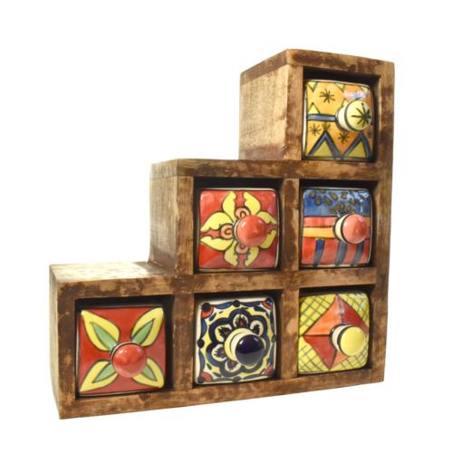 Mini Chest Hand Carved Mango Wood, 6 Ceramic Drawers 3+2+1 22x22x9cm