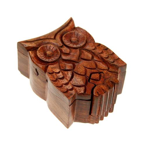 Puzzle box, shesham wood, owl 10.5x7.5cm