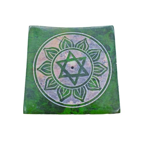 Incense holder carved soapstone, chakra heart green 8 x 8cm