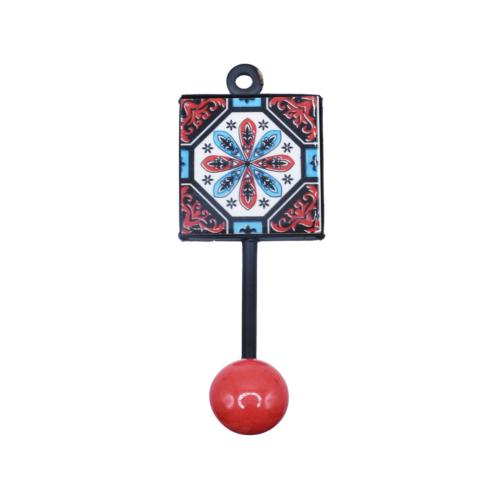 Coat Hook, Ceramic Floral Patterned Tile Red Knob 5 x 13cm