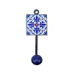 Coat Hook, Ceramic Floral Patterned Tile Blue Knob 5 x 13cm