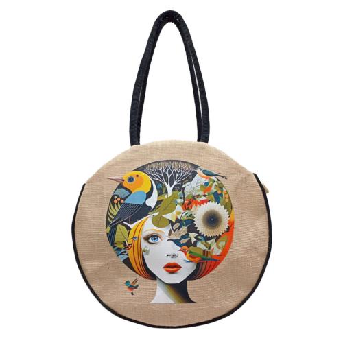 Jute Circular Bag with Zip Birds + Face Forward