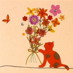 Handmade Card, Cat with Bunch of Flowers 12x12cm