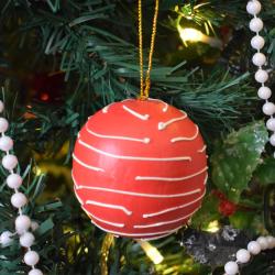 Hanging Christmas Bauble, Albesia Wood Red With Stripes 6cm