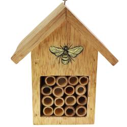 Wood and bamboo bee/bug hotel house shape with sloping roof bee motif 14.5x17x10