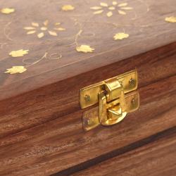 Jewellery box Sheesham wood folding, inlaid brass floral design 17 x 12 x 11cm