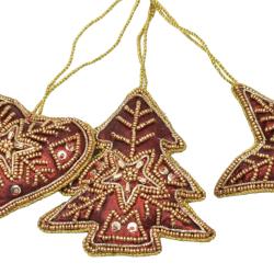 Hanging Decoration, Gold Beaded Tree Red