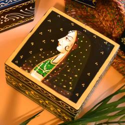 Jewellery / Trinket Box Painted Mango Wood, Woman with Veil 10 x 10 x 6cm