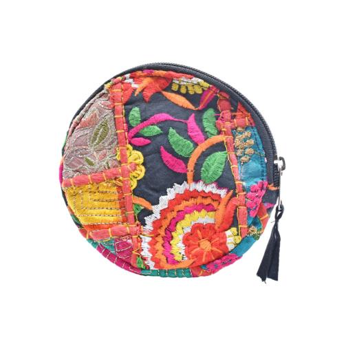 Round Coin Purse, Patchwork and Embroidered, assorted colours 12cm