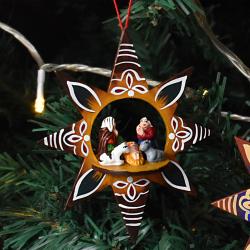 Hanging Christmas Decoration, Nativity in Star Gold & Brown