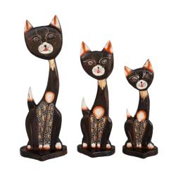 Set of 3 Dark Brown Cats Head to Side Albesia Wood
