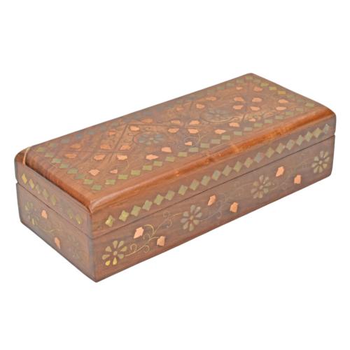 Jewellery / Trinket Box Sheesham Wood Floral Brass Inlay 23 x 10 x 6cm