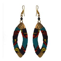 Earrings, brass and fabric, shield shape, green and red 6 (L) x 3 (W) cm