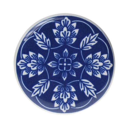 Single round ceramic coaster blue floral leaves