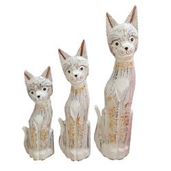 Set of 3 White Cats Albesia Wood