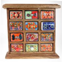 Wooden mini chest, 12 ceramic drawers