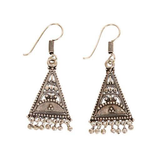 Earrings folk style silver colour triangle hanging beads