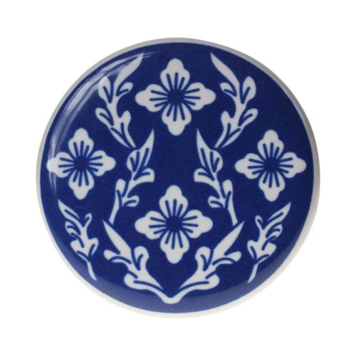 Single round ceramic coaster blue floral 4 white flowers