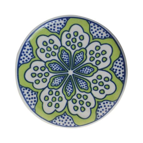 Single round ceramic coaster floral green on blue