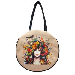 Jute Circular Bag with Zip Birds Flowers + Face Forward