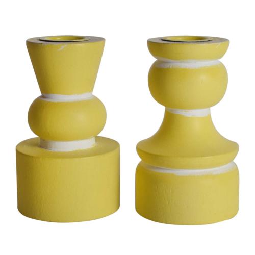 Candlestick/holder hand carved eco-friendly mango wood yellow 10cm height asstd