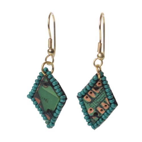 Earrings, recycled circuit board diamond shape edged with glass beads