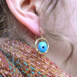 Earrings Blue Eye in Gold Coloured Circle 1 x 2.5cm