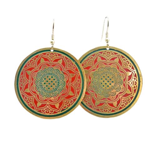 Earrings Round Gold Red Green 4.5cm diameter