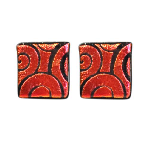 Ear studs, glass ‘Allegra Aros Dichroic’ square red spirals 0.7 x 0.7cms