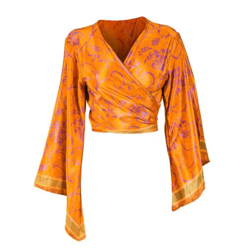 GENKI Wrap Top with Belle Sleeves, upcycled silk one-size colours will vary