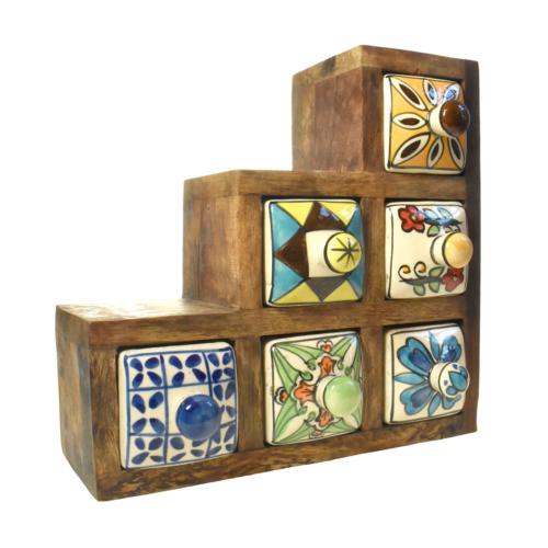 Mini Chest Hand Carved Mango Wood, 6 Ceramic Drawers 3+2+1 22x22x9cm