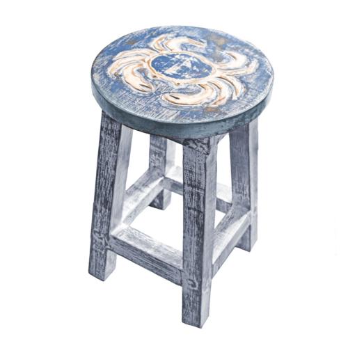 Wooden Stool with Crab Design Top, Blue washed 25 x 39cm