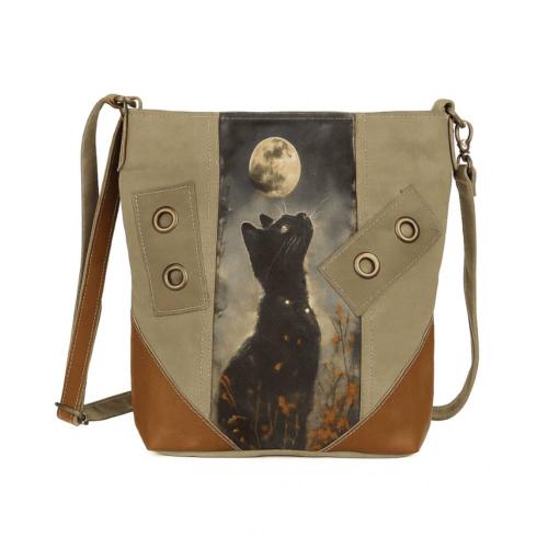 Crossbody Bag Canvas and Leather - Cat / Moon 30.5x9x30.5cm